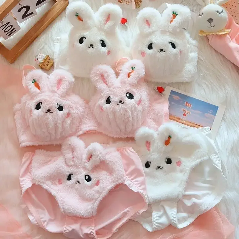 

Cute Plush Women Lingerie Set Japanese Cute No Steel Ring Push-up Bra Set Comfortable and Warm Underwear Panties Suit for Women