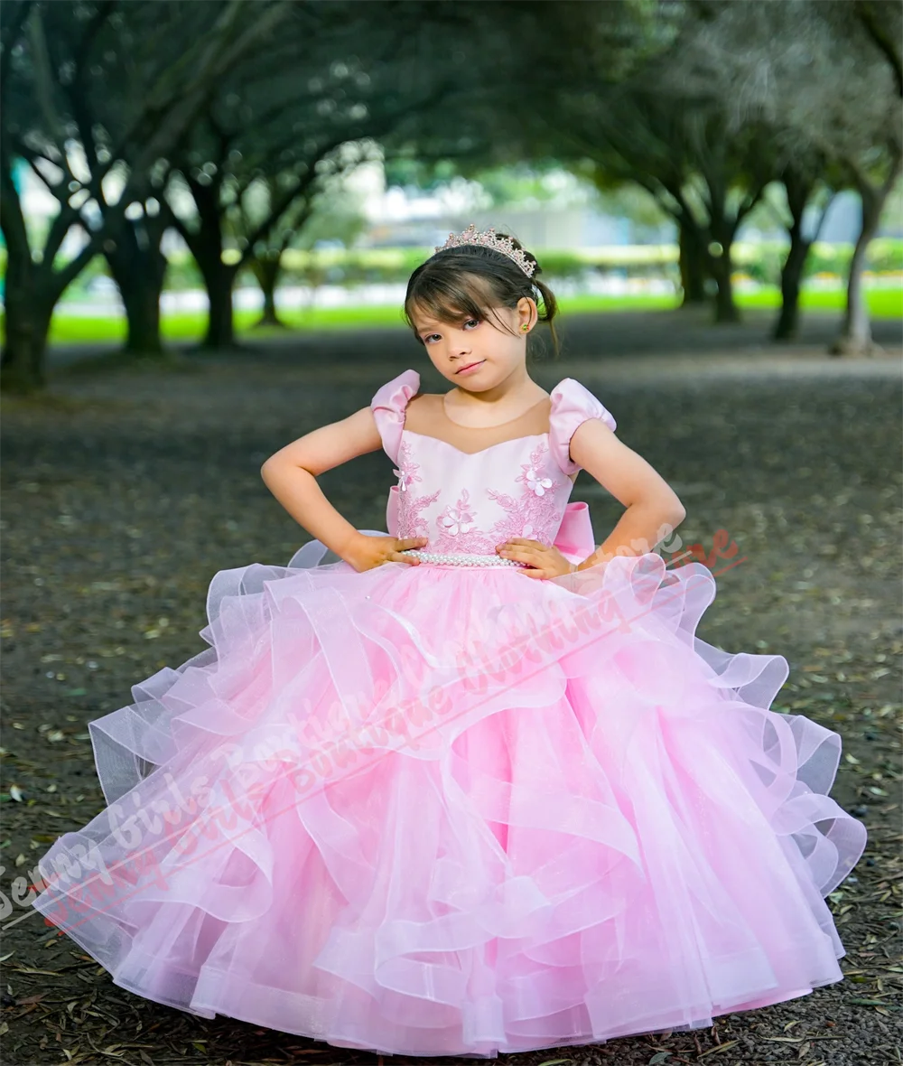 

Pink Flower Girl Dress Wedding Ruffle Crew Neck Short Sleeve Bow Open Back Children's Birthday Dress Customization