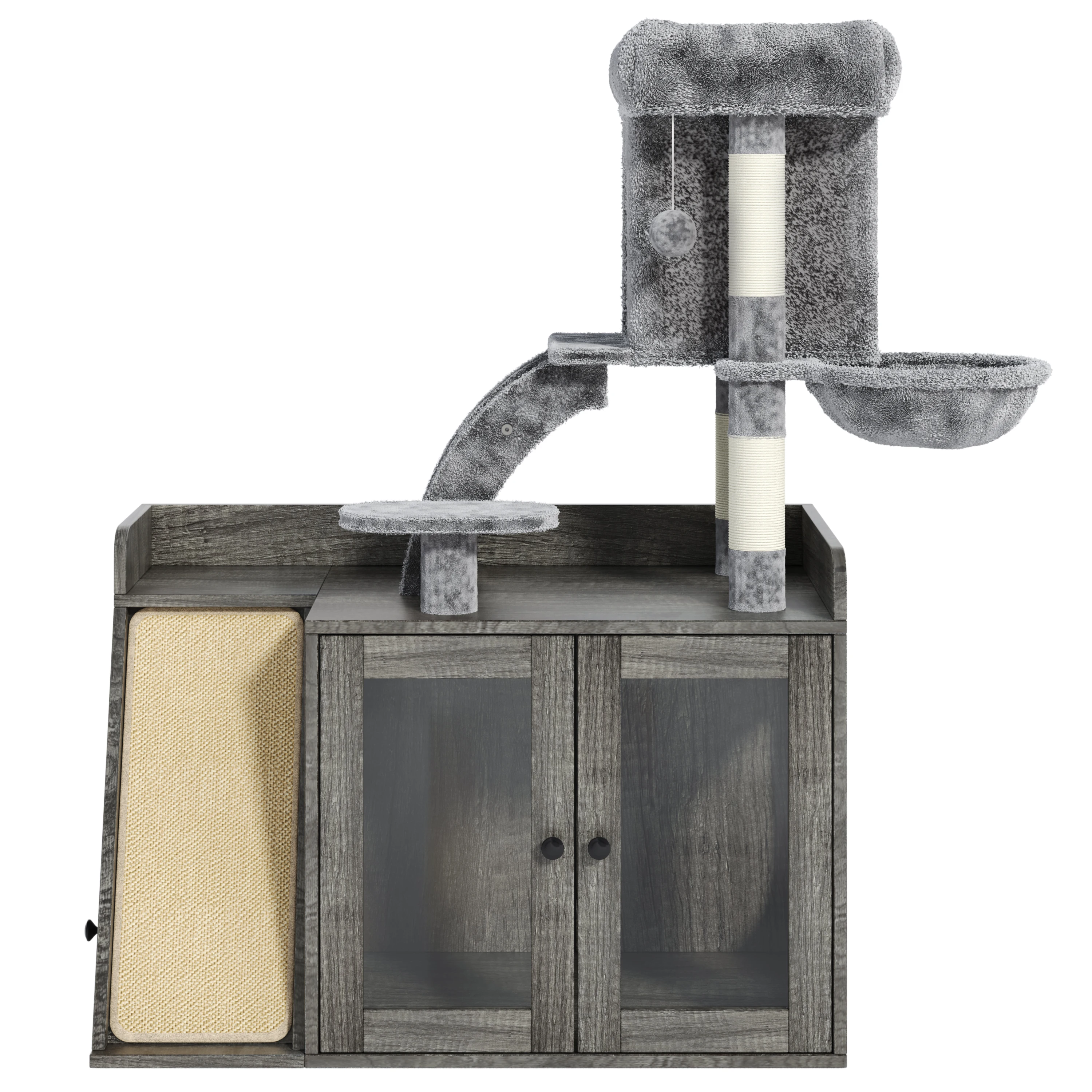 Grey All-in-One Cat Tower with Hidden Litter Box Enclosure, LED Light, Sisal Scratching Board, Storage, Condo and Platformb