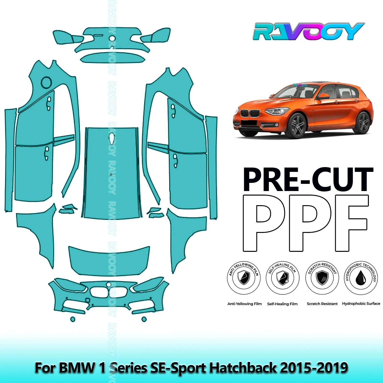 RAVOOY Film de protection transparent TPU PPF sur mesure pour véhicule complet, protection anti-éclats, UE/Royaume-Uni, pour BMW Série 1 SE-Sport Hatchback 2015-2019