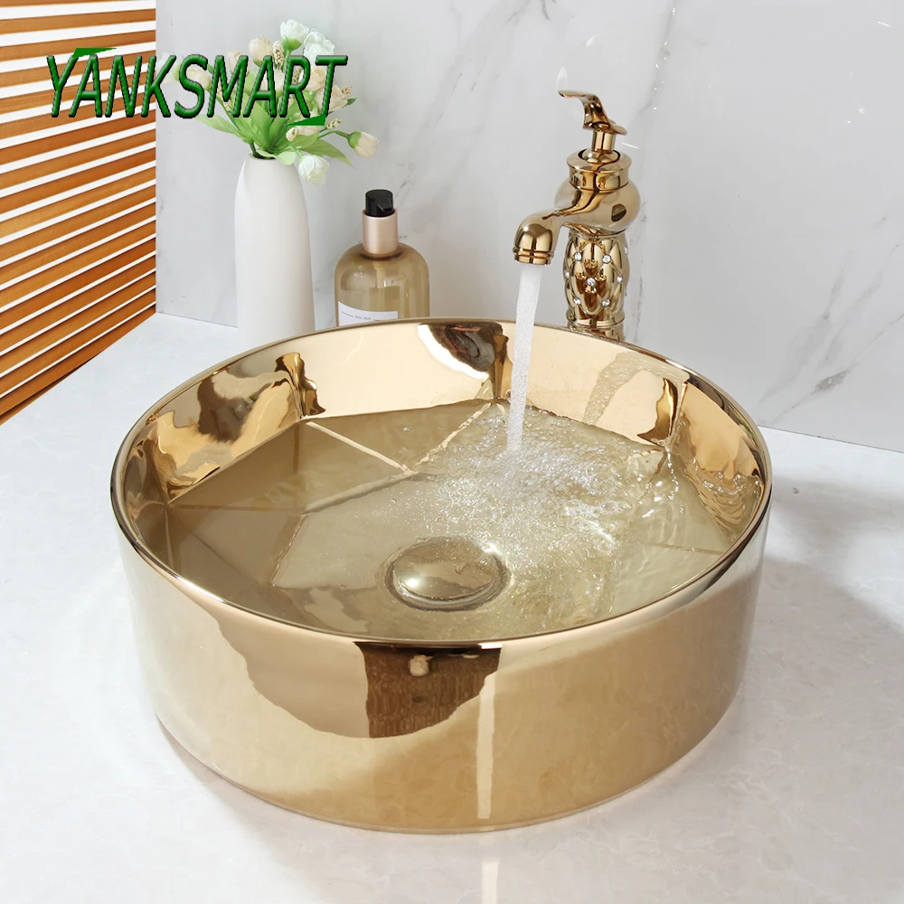 

YANKSMART Round Gold Ceramic Lavatory Bathroom Combined Washbasin Vessel Basin Sink Mixer Faucets With Pop-up Drain Combo Kit