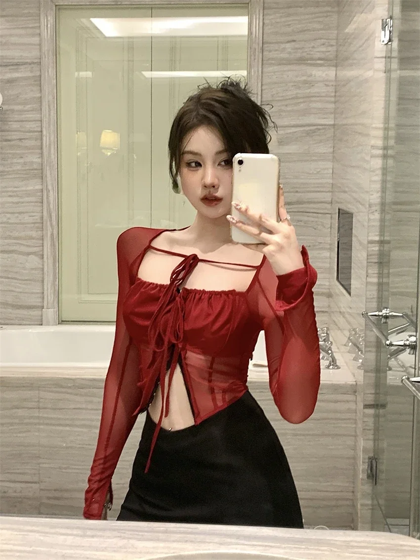 2024 Summer Sexy Club Party Blouses Women Mesh Shirts Off Shoulder Transparent Crop Tops Tees Femme Y2K Crop Tops Korea Fashion