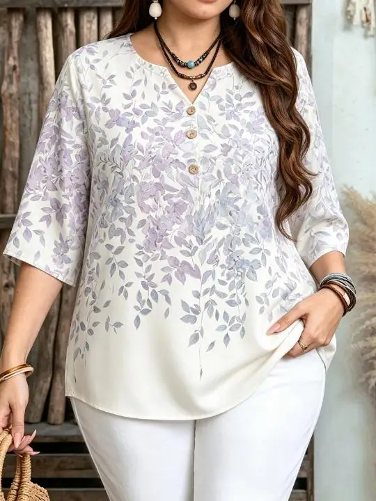 Women Gradient Watercolor Leaf Print Blouse For Curvy Figures Notched Neck 3/4 Sleeve Loose Casual Ladies Tops