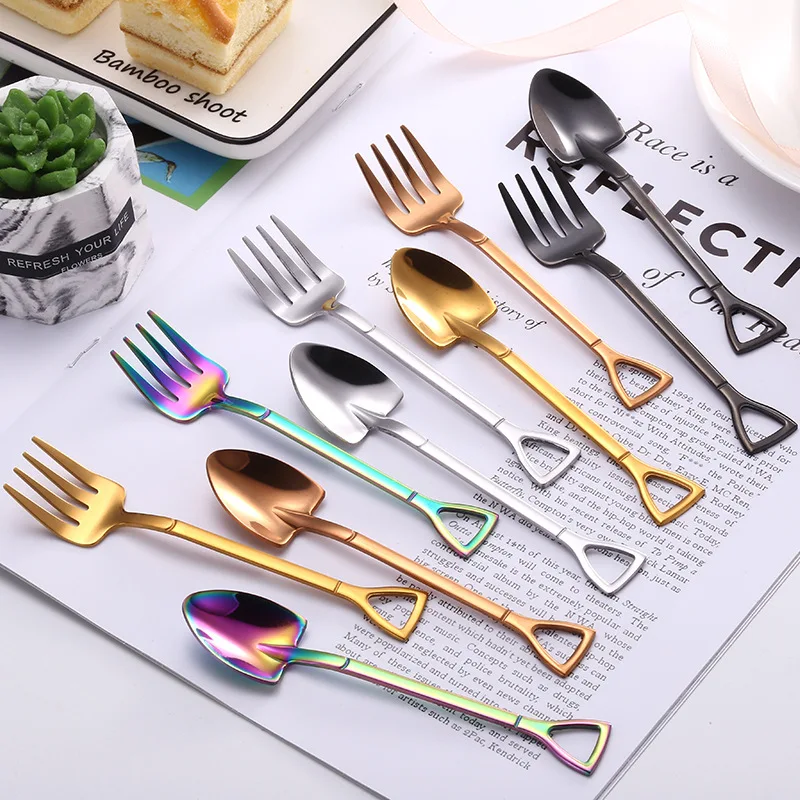 Colorful Stainless Steel Shovel-shaped Coffee Spoon Ice Cream Spoon Cake Dessert Fork Mini Fruit Cake Forks for Table Kitchen