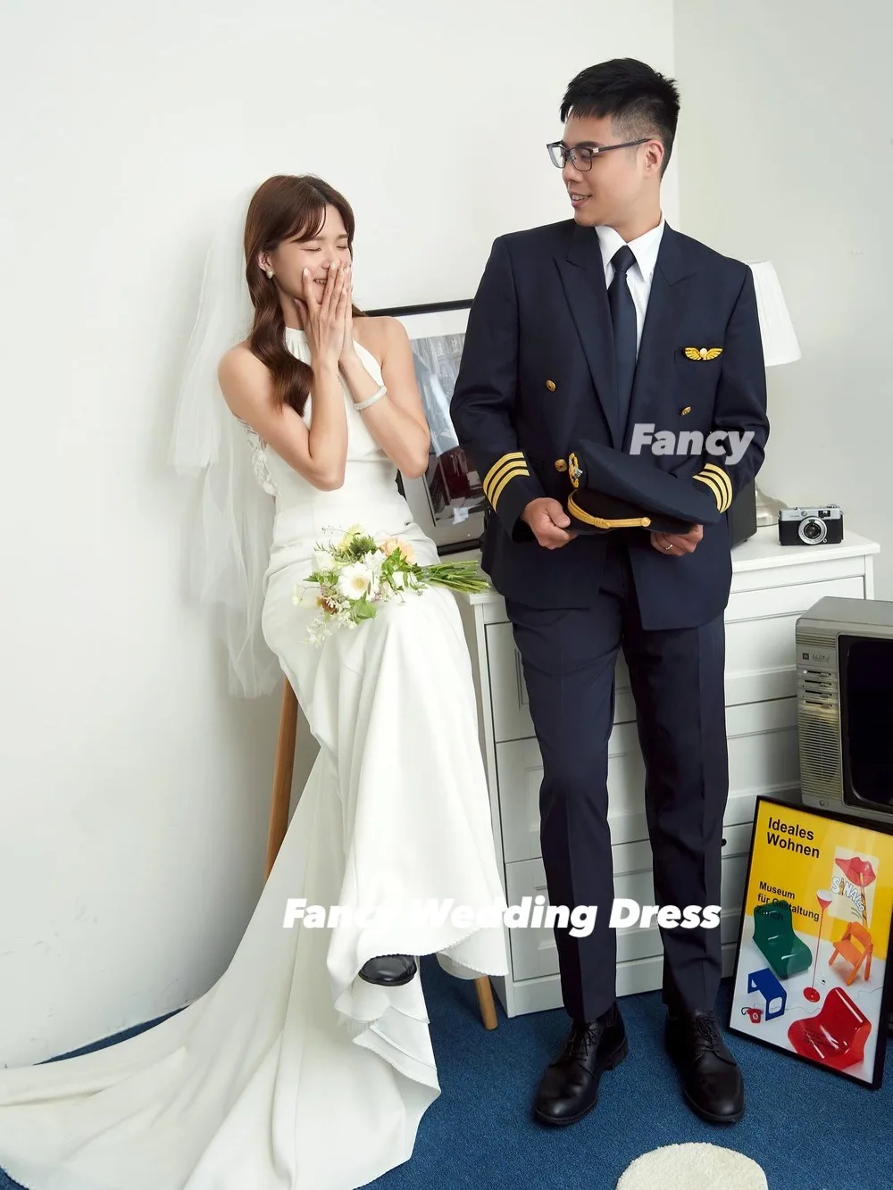 Fancy Elegant Mermaid Wedding Dress Korea Photoshoot O Neck Elastic Satin Bridal Gown Back Corset Evening Dress Customized