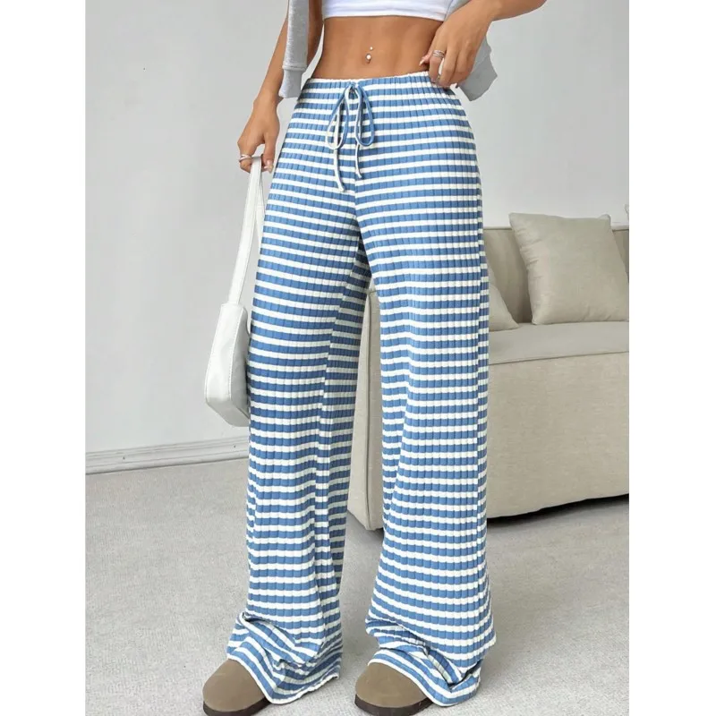 Autumn Striped Printing Loose Pants For Women Casual High Waist Drawstring Wide Leg Pants Women Trousers Fashion Homewear Pants