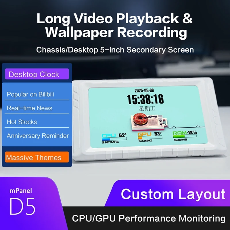 

Chassis USB Secondary Screen 5 Inch Water-Cooled for Computer CPU GPU Display USB Monitor Screen PC Accessories Black-ABVP