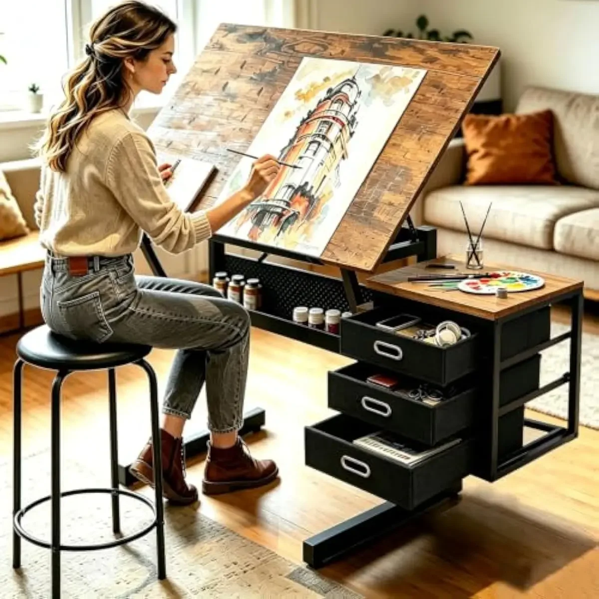 Drafting Desk with Adjustable 0-75° Tilt Top, Steel Frame, 18mm E1 Particle Board Surface, 3 Hanging Fabric Drawers, Matching St