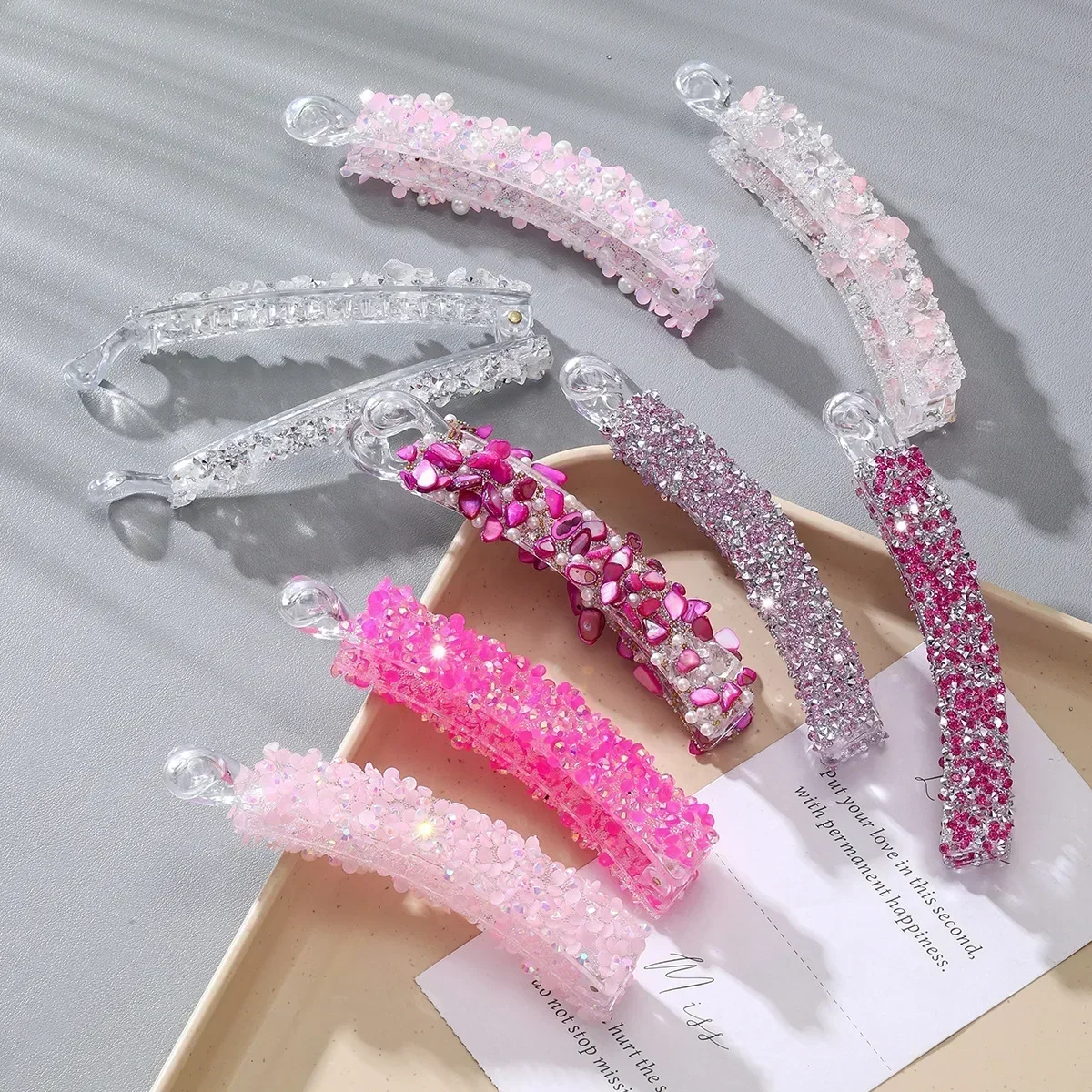 Rhinestone Banana Hair Clips Women Girls Pearl Plastic Hairpins Simple Ponytail Holder Claw Grips Clamp Barrettes Accessories