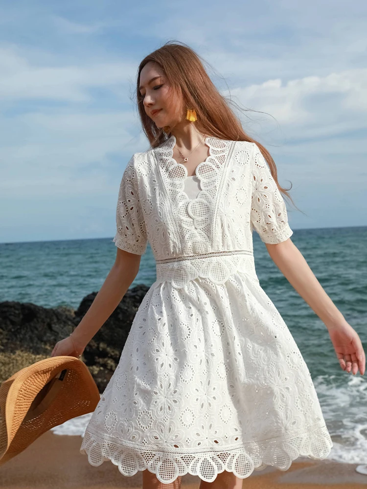 Jastie 2023 French Lace Embroidery Mini Dress Casual Vacation Seaside White Beach Dress Luxurious Design V-Neck Women's Dress