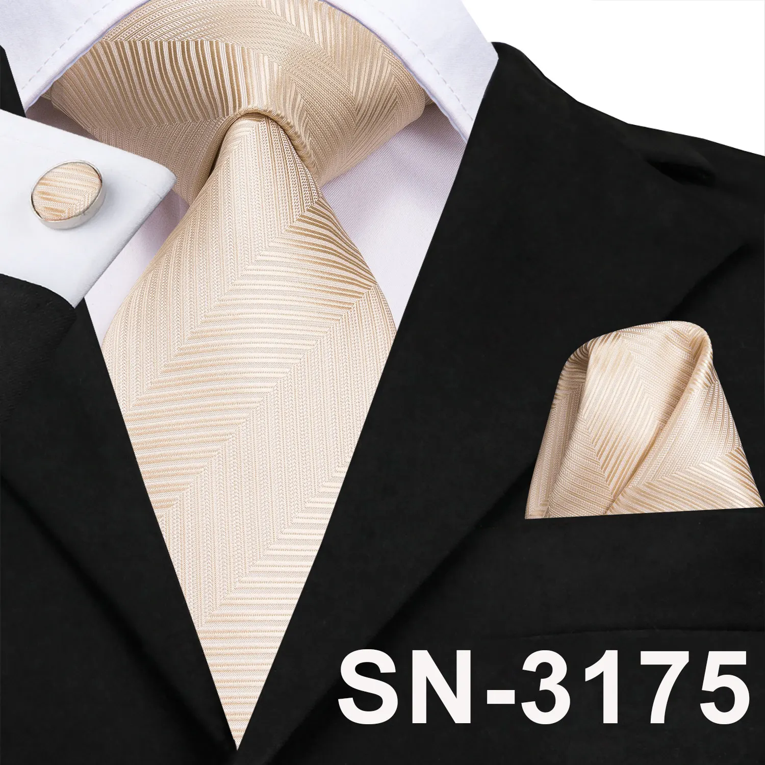 Men's Champagne Ivory White Solid Tie & Cufflinks Set, Wedding