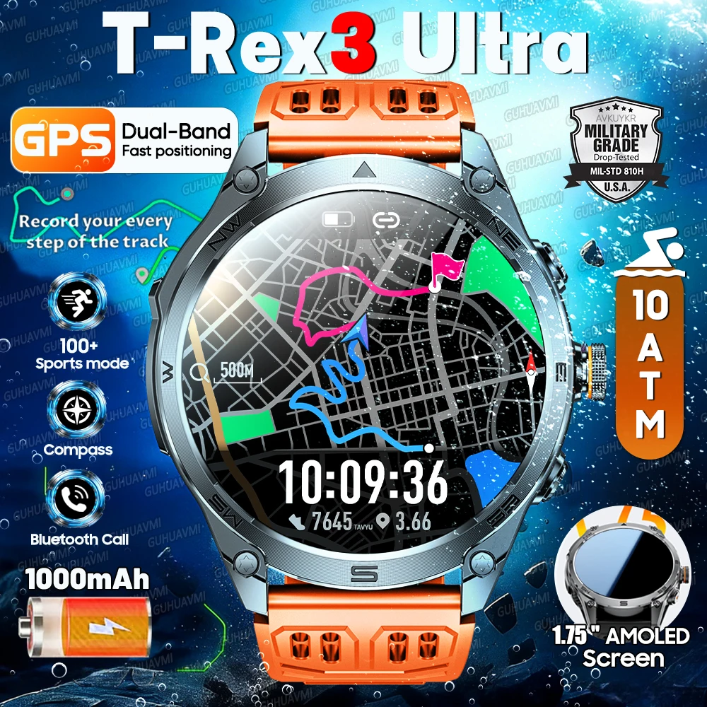 

2026 Новые военные смарт-часы T-Rex3 Ultra GPS, двухдиапазонный GNSS, компас, альтиметр, 10 АТМ, водонепроницаемые, спортивные умные часы с беспроводным вызовом