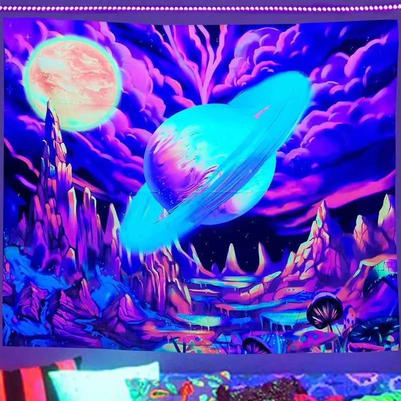 VIKAMA Blacklight Alien Planet Tapestry Wall Hanging Ringed World Mushrooms Purple Trippy Psychedelic Aesthetic Wall Art Decor