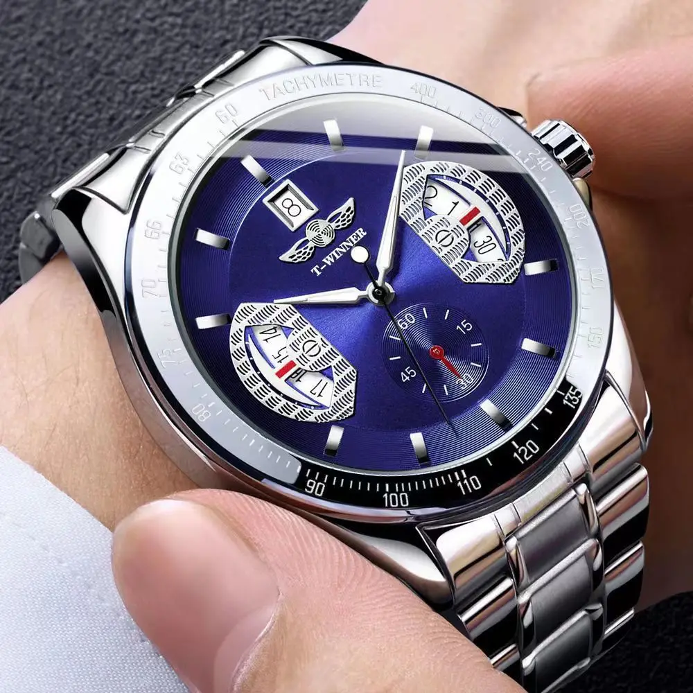 Automotive Concept Calendar Fully Automatic Mechanical Watch for Men, Skeleton Design, Steel Band, Waterproof, Luminous, Fashionable Business Style, Trendy Men's Watch, Fully Automatic Movement, Precise Timekeeping, Simple and Versatile Workplace Men's Watch, Popular Gift Item, High Value for Money Men's Watch