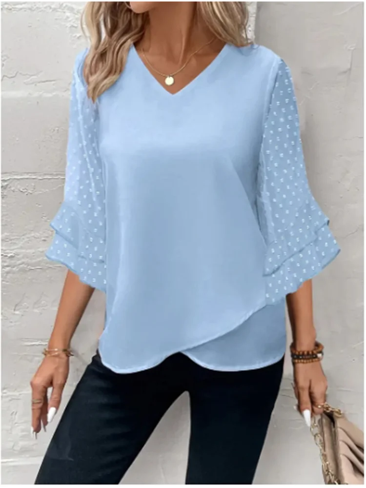 Elegant Autumn Top Solid Color V-Neck Long Sleeve Blouse Women's Fashion Commuting T-Shirt