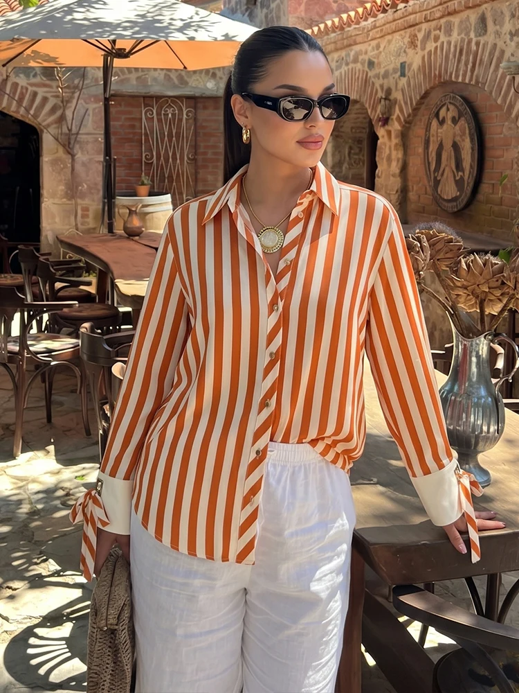 

HH Women's Summer Casual Striped Shirt With Bow 2026 Long Sleeve Single Breasted Lace-up Decoration Cuffs Female Chic Blouse