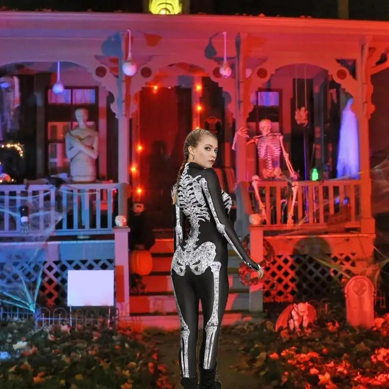 Women Skeleton Bodysuit Soft Adult Halloween Skeleton Skull Bone Costume With Printing Pattern Halloween Cosplay Costume Stretch