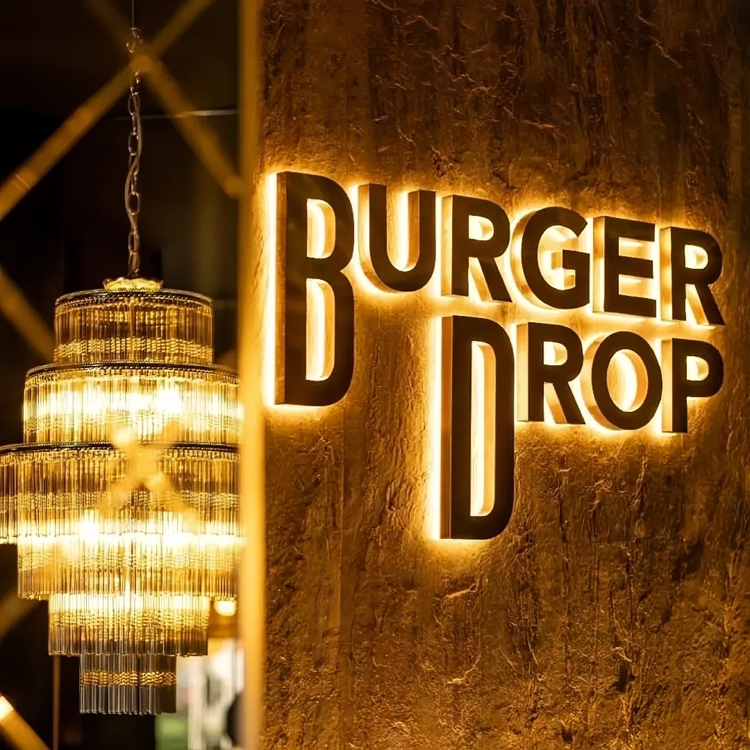 Custom Backlit Sign, Sign for Business, LED Lighting Box Backlit Gold brushed Silver Stainless steel Raised 3D Design  Logo Sign