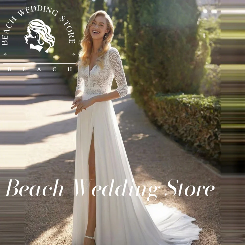 

Beach Customized Deep V Neck Half Sleeve Lace Applique Sheer Back High Slit Chiffon Wedding Dress 2025 A-line Train Bridal Gowns