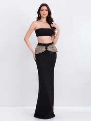 Modphy Black Top Skirt Two-Piece Set, Women'S Sexy Strapless Crop Top+High Waisted Long Skirt Set, Fashion Club Party Vestidos