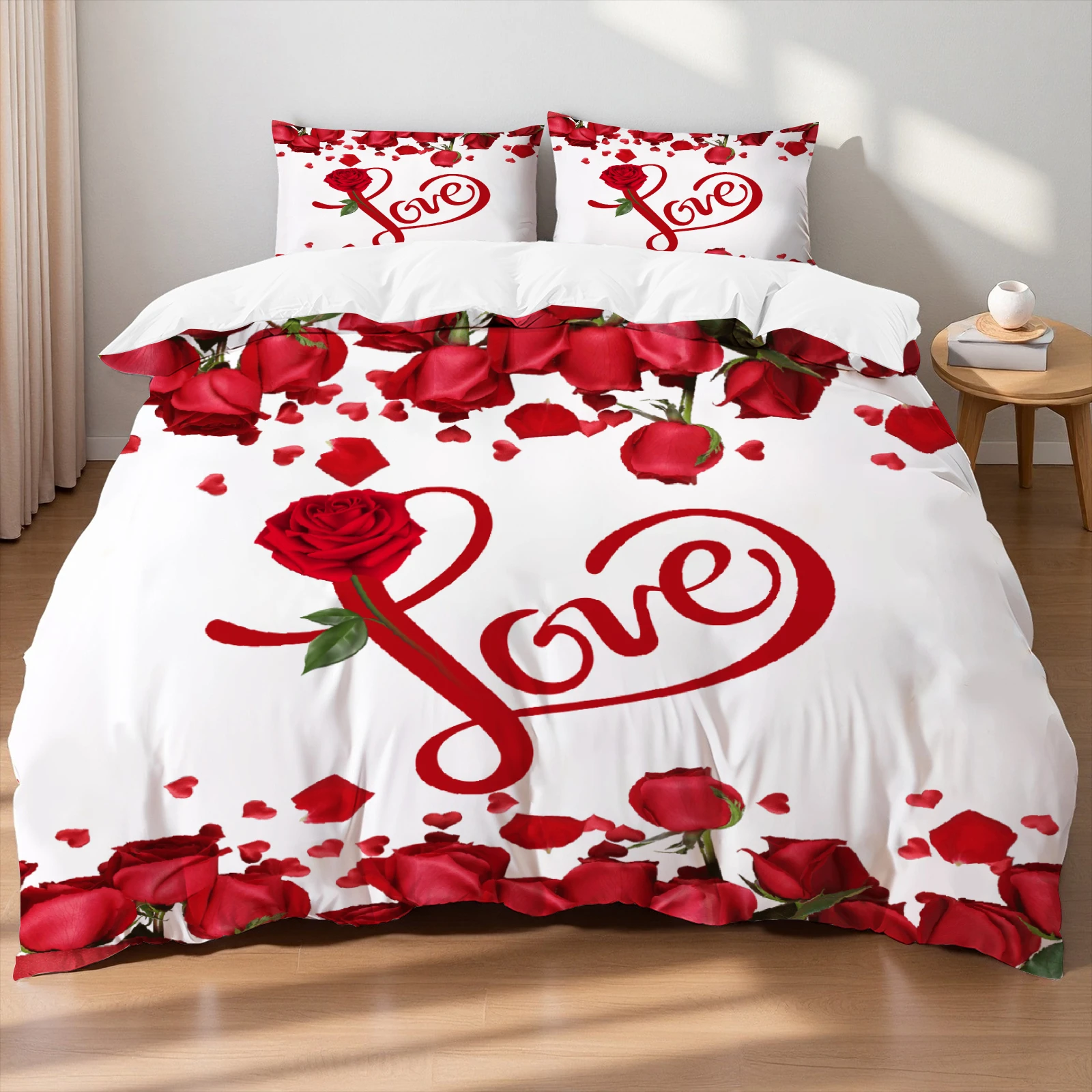 3pcs Valentine'S Day Romantic Rose Love Letter Pattern Duvets Cover Set,valentines Day Heart Shape, Marble Pattern Funy Decor