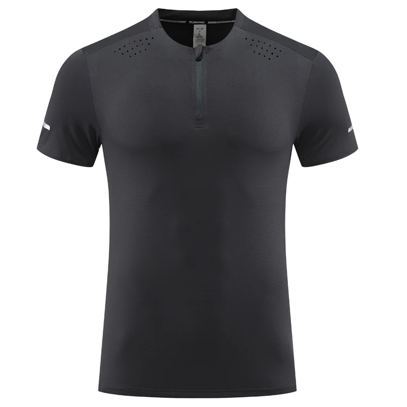 Fashion Running Shirt Men Breathable Half Zipper O Neck  Quick Dry Training Tee Workout Outdoor Reflective Short Sleeves