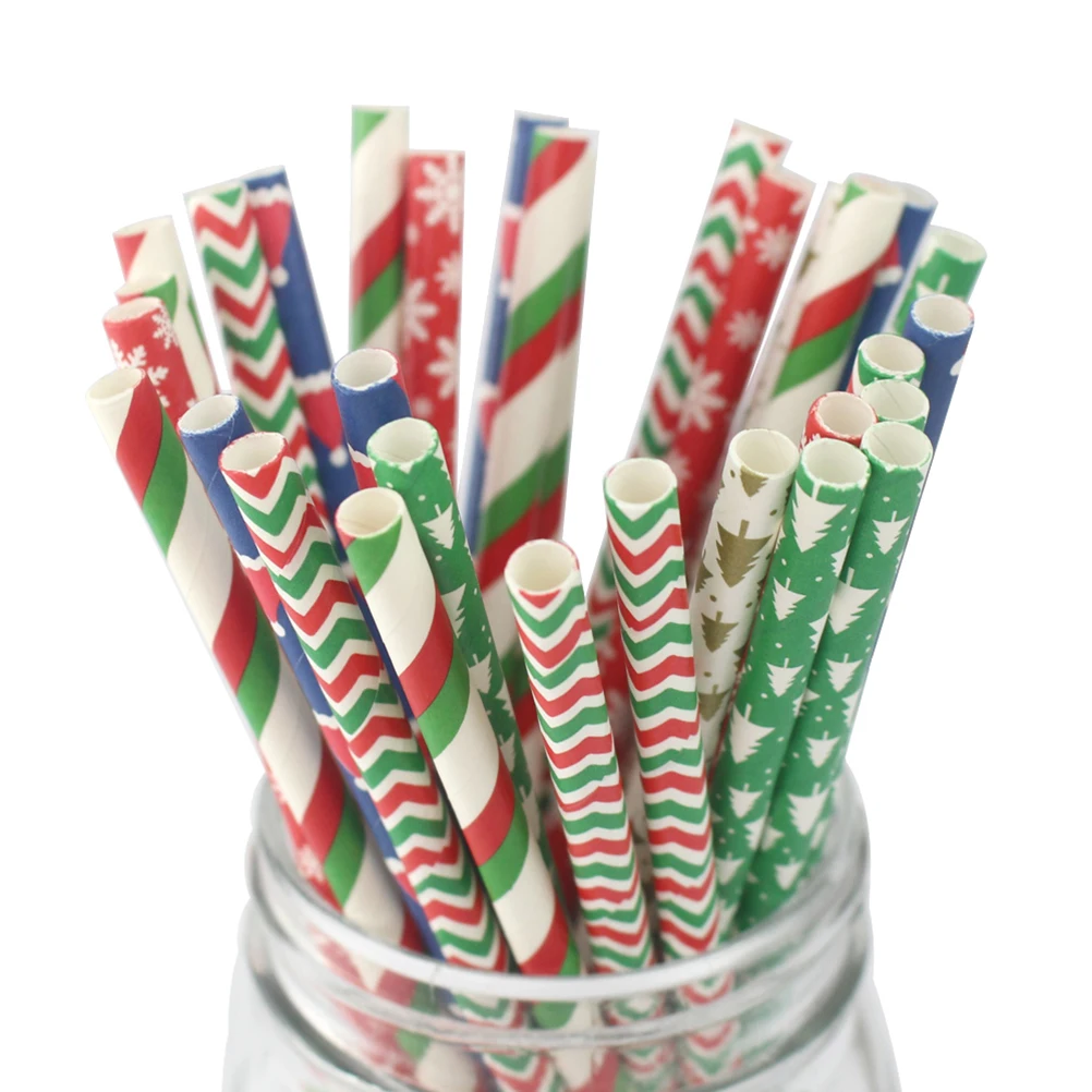 

150Pcs Paper Straws Christmas Patterned Biodegradable Eco Friendly Disposable Party Decoration Straws for Wedding Birthday