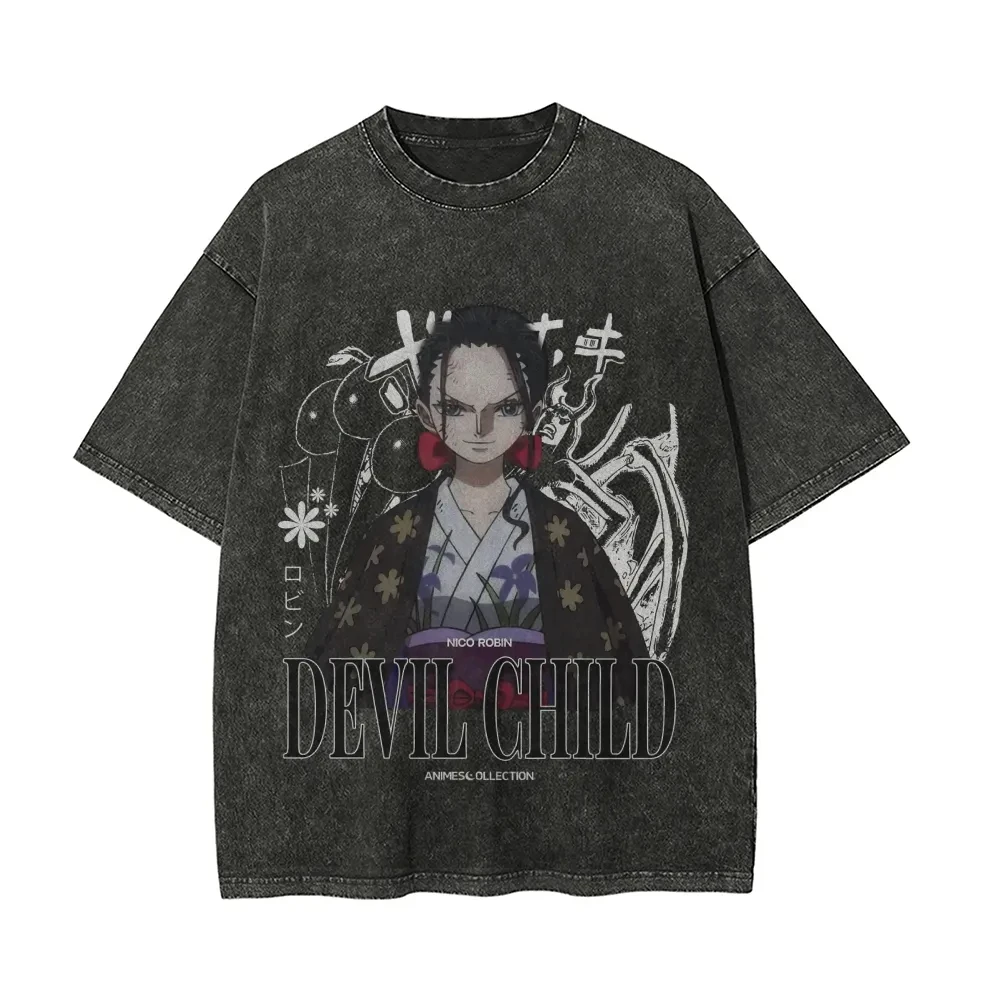 One Piece Herren- und Damen-T-Shirt im Used-Look, Nico Robin Kleidung, Sommer- und Frühlings-Anime-Mode-T-Shirt, Retro Distressed Kurzarmshirt