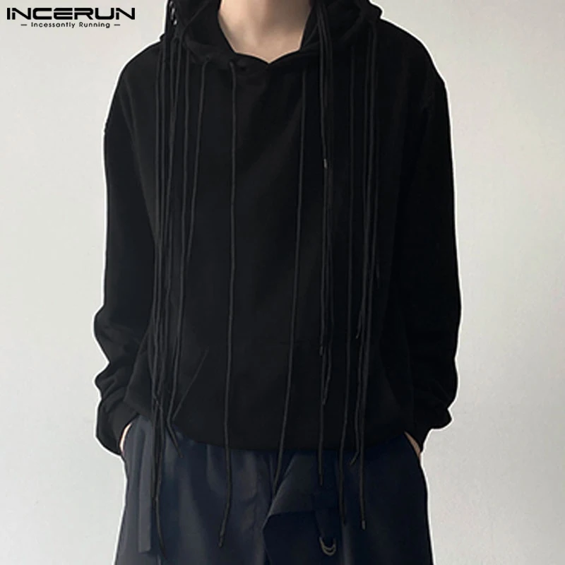 Stylish Well Fitting Tops INCERUN Men's Tassel Ribbon Hooded Sweatshirt Handsome Male Solid All-match Long Sleeved Hoodies S-5XL