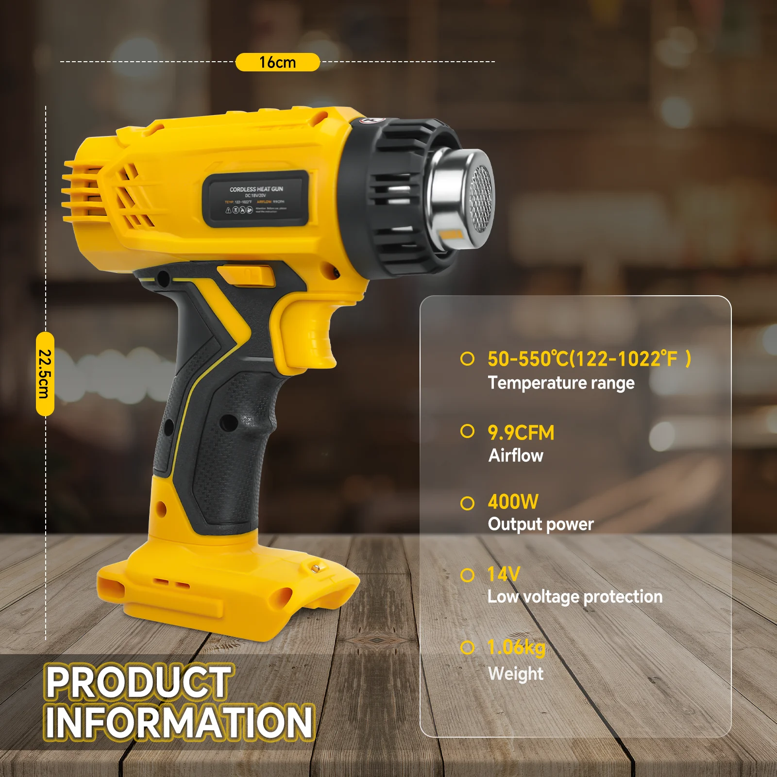 مسدس حراري لاسلكي 400 وات لبطارية ديوالت 20 فولت 50 ℃ -550 ℃   مسدس هواء ساخن للتحكم في درجة الحرارة المتغيرة والتدفئة السريعة (بدون بطارية)