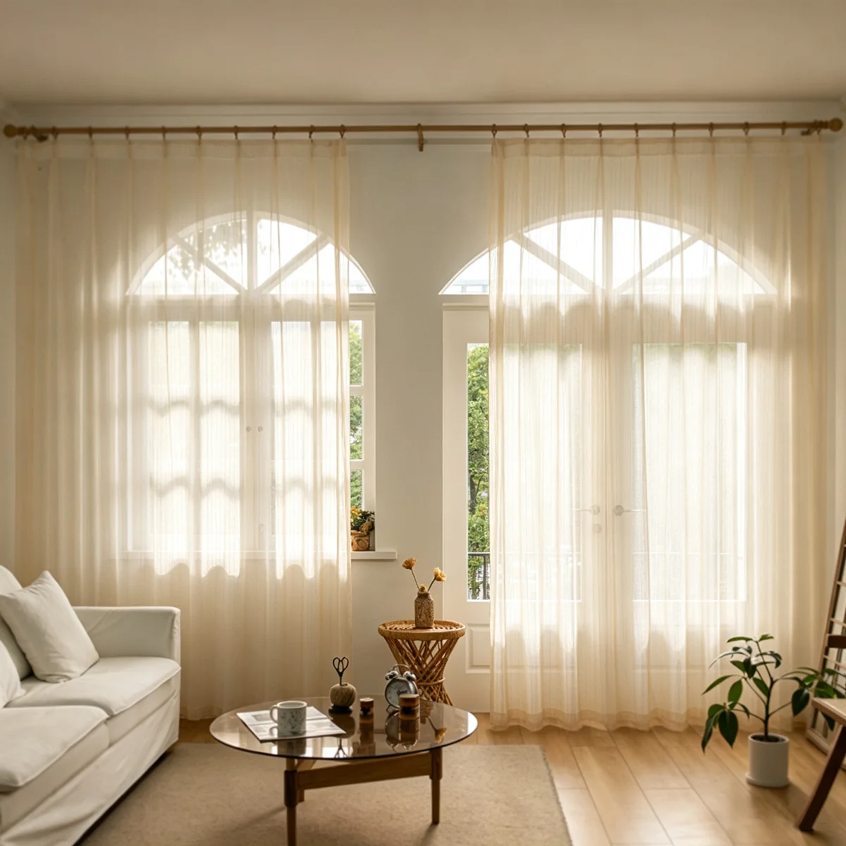 2Pcs Beige Linen‑Textured Sheer Curtains, French Retro Country Style, Rod Pocket Light Filtering Drapes for Arched Living Room W