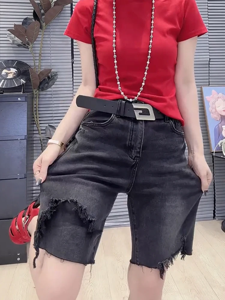 

Джинсовые брюки с высокой талией, женские летние новые утягивающие универсальные брюки с пятью точками больших размеров, повседневные брюки на пуговицах Crt, прямые брюки