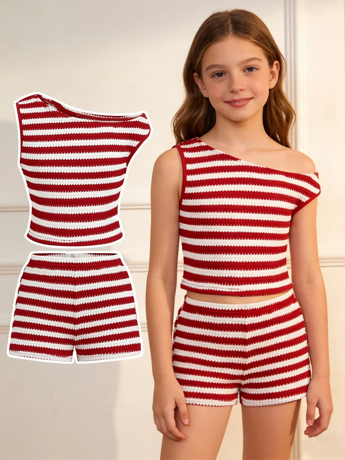 Comfy Kids Girls Two Piece Casual Suit, Vertical Texture Red White Stripe Asymmetric Slant Neck Top & Loose Knit Shorts for Beac