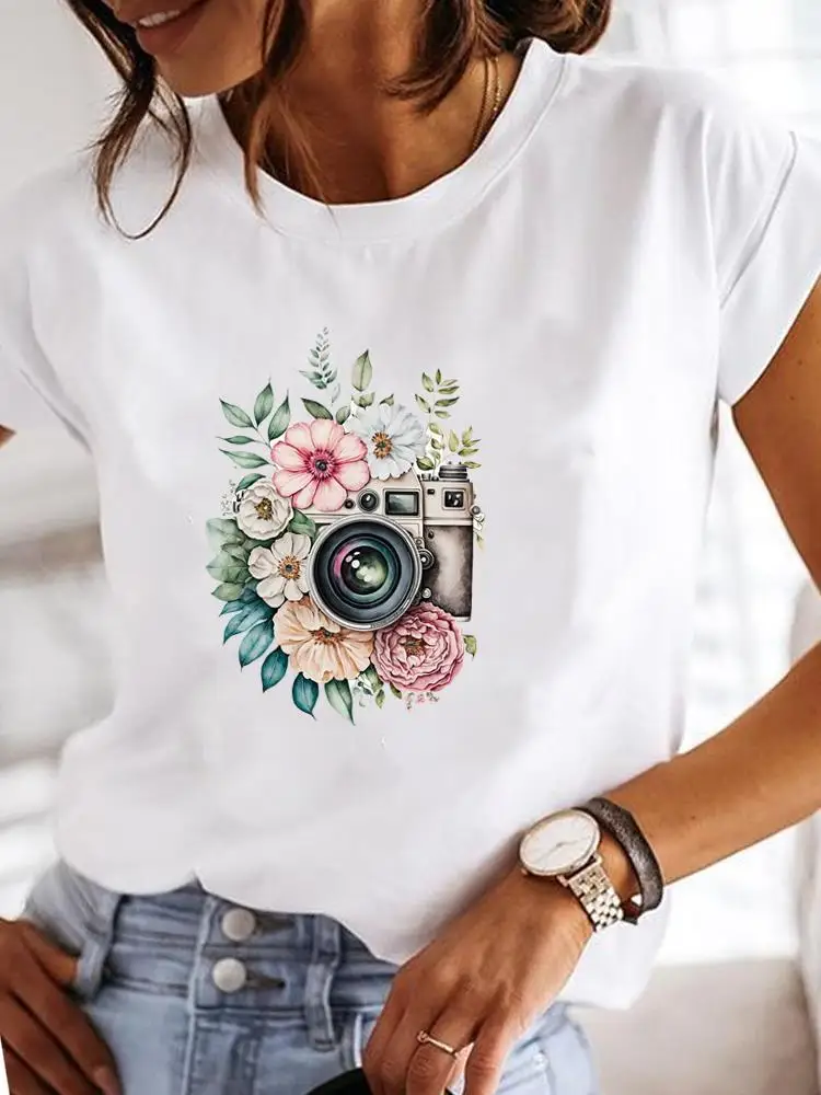 Short Sleeve Clothes T Clothing Print Casual T-shirts Flower Camera Trend Cute Sweet Women Female Top Fashion Graphic Tee