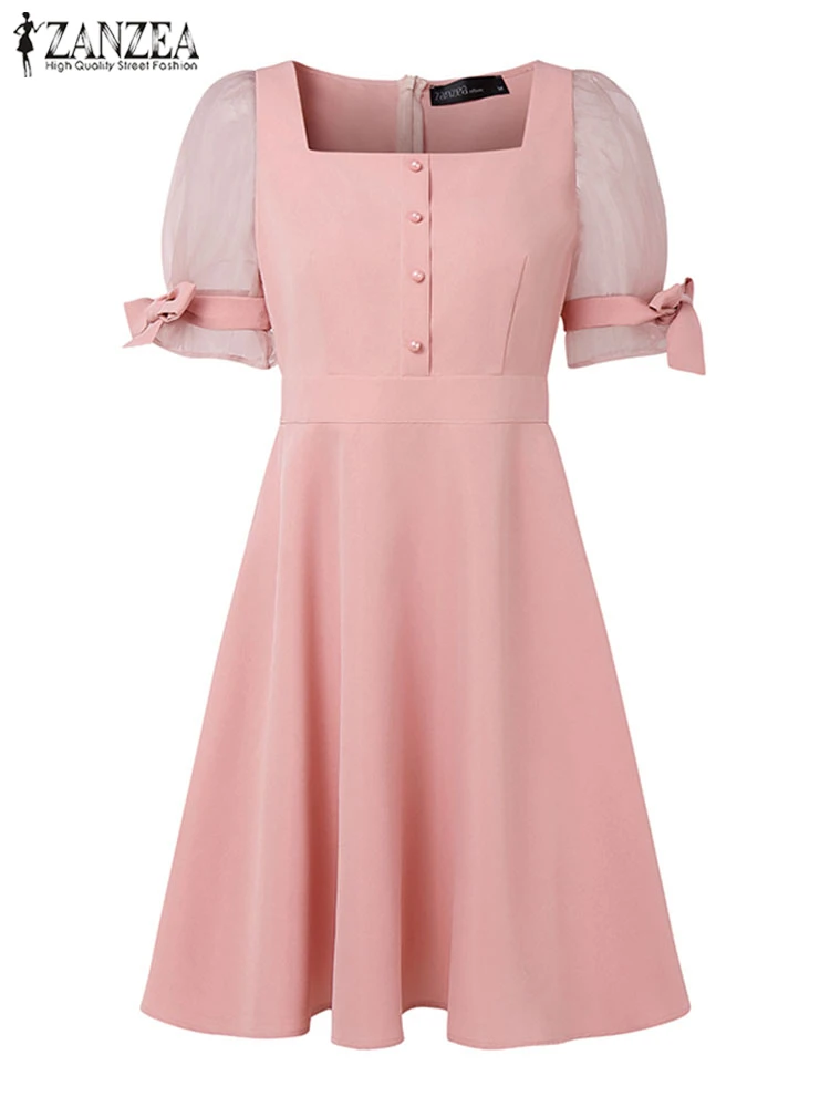 فستان حفلات نسائي من ZANZEA صيفي بأكمام قصيرة وخصر عالي على شكل حرف a بطول الركبة فستان صيفي مثير بياقة مربعة رداء شاطئ غير رسمي متين