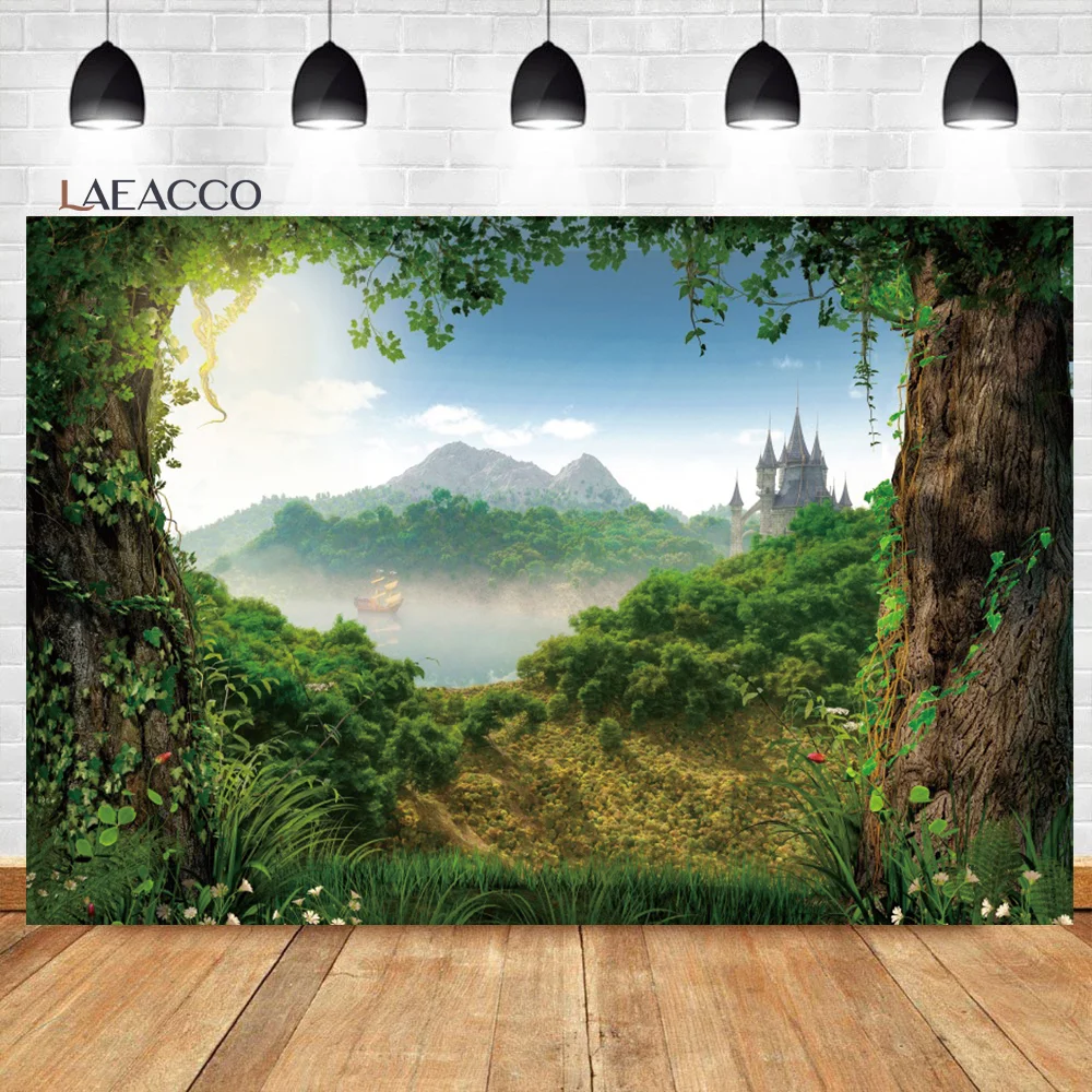 

Laeacco Spring Vintage Wonderland Photo Backdrop Nature Mountain Castle Wedding Bridal Shower Portrait Photography Background
