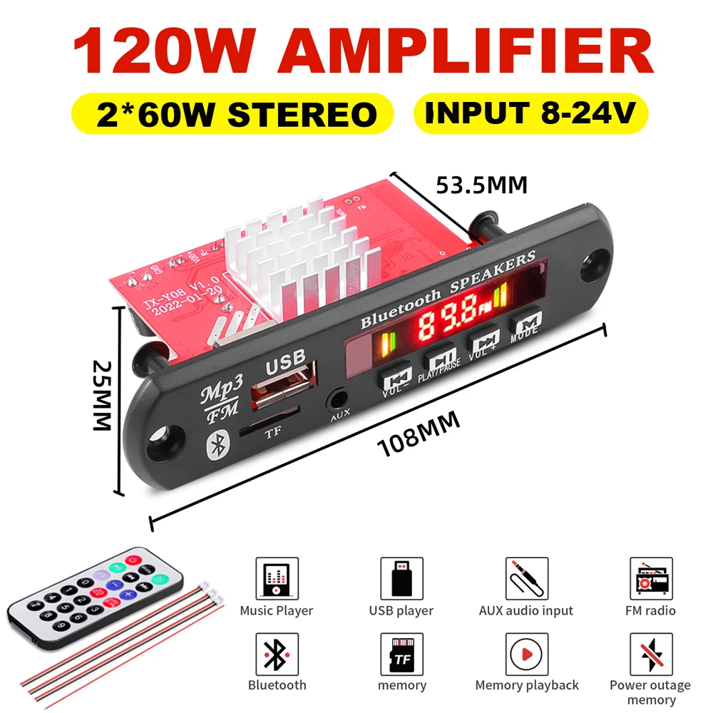 2*60W Amplifier Car Radio Module Bluetooth 5.0 Mp3 Wav Decoder Board 12V 24V Wireless USB Music Player TF Card Slot FM with Mic