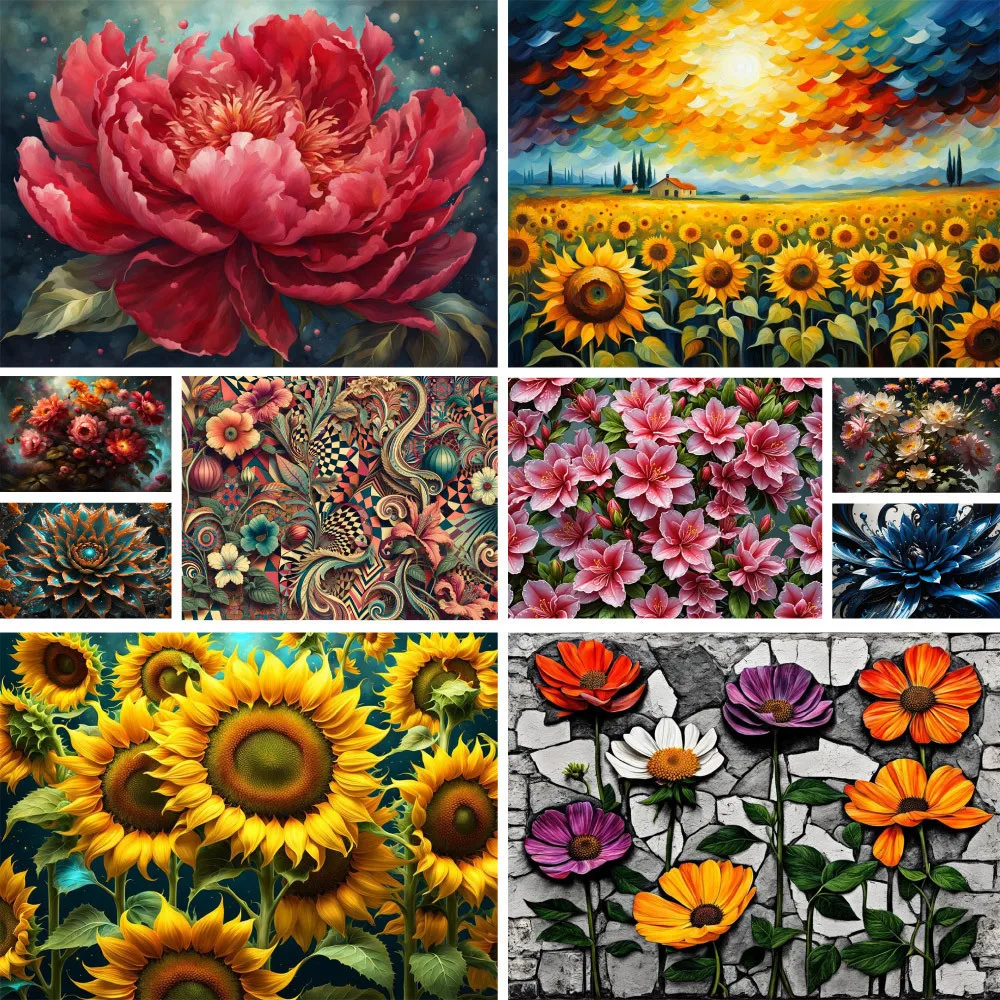 Flowers Sunflower Peony Pre-Printed Cross Stitch Set DIY Embroidery Handiwork Needlework Painting Craft Mulina Different Floss