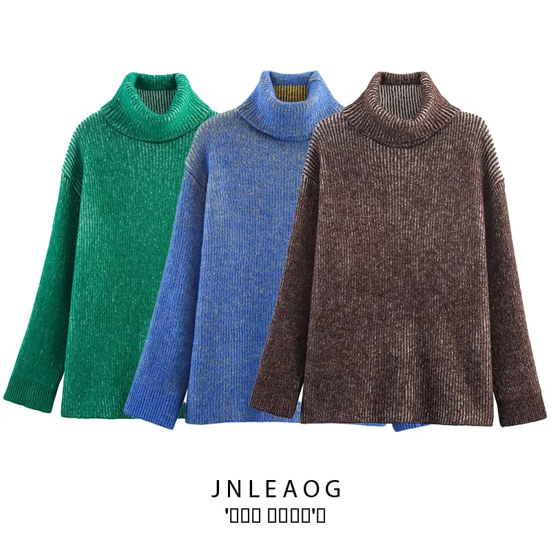 

JNLEAOG Autumn New Women's Knitted Long Sve Overhead Color Blo High Collar Lazy Sle Sweater Street Faion Loose Fit
