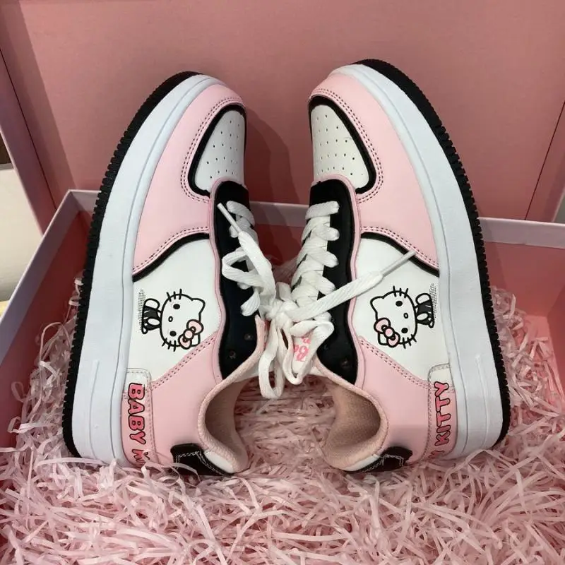 Cute Hello Kitty Women Sports Shoes Sanrios Leather Board Shoes Anime Kt Printing Sneakers Cartoon Fashion Kawaii Casual Shoes