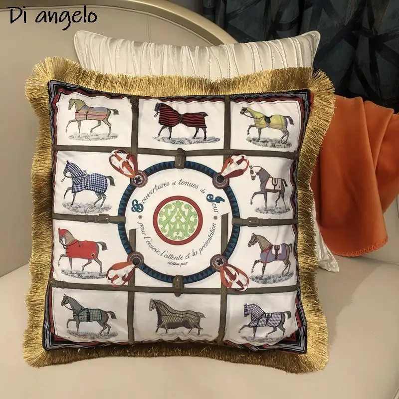 Double-Sided Print Tassel Sofa Cushion Cover, European,Digital Printing Palace, Luxury Velvet Pillowcase, Office Room Seat # S