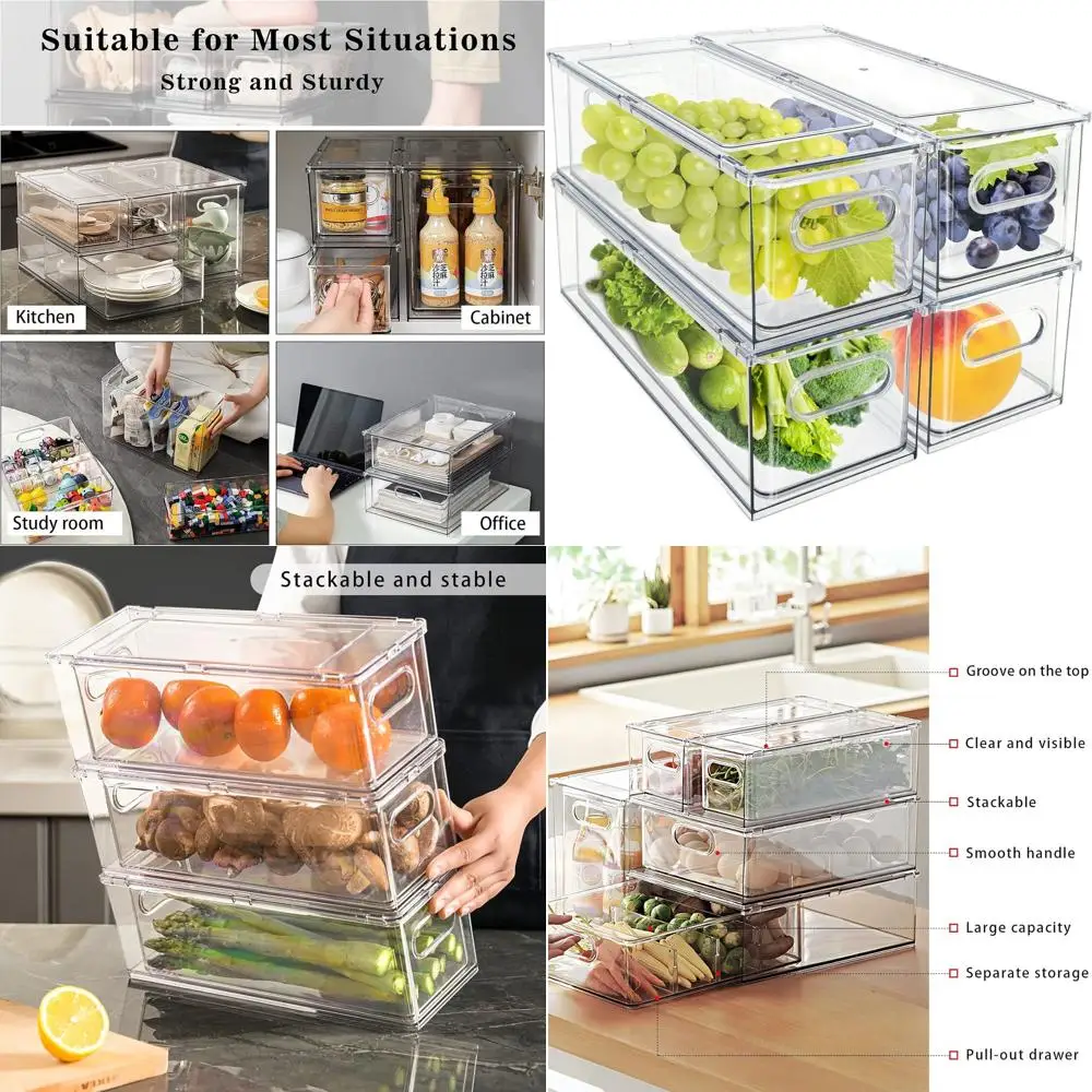 

Штабелируемые прозрачные пластиковые контейнеры с ручками для хранения в холодильнике, кладовой и на кухне (4 шт.)