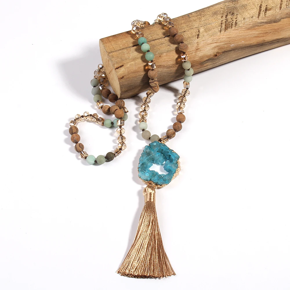 Fashion Bohemian Jewelry Natural Stones Glass Knotted Druzy Stone Links Tassel Necklaces For Women Gift