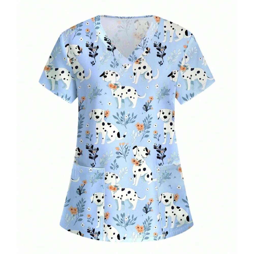 المرأة فرك لطيف ديناصور طباعة موضة الحيوان الكرتون الطبيب البيطري الخامس الرقبة قصيرة الأكمام ممرضة القمم عادية الأسنان السريرية موحدة امرأة