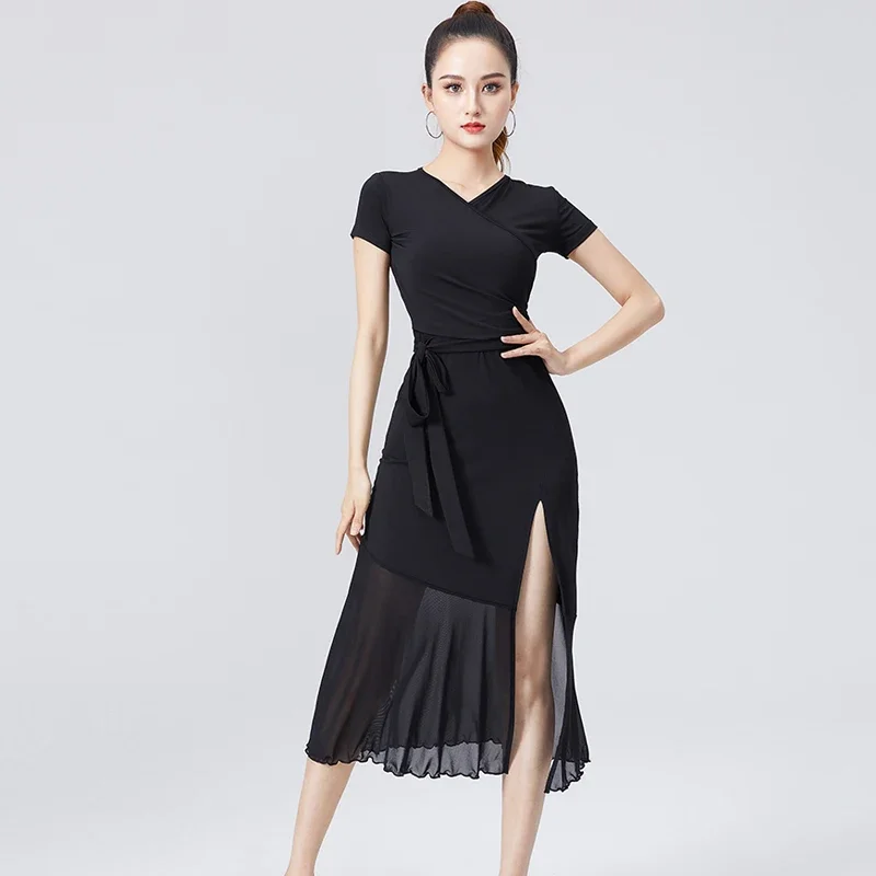 

Black Latin Dance Professional Dress Women Short Sleeves Ballroom Dancing Dresses Female Modern Dance Dress Stage Wear