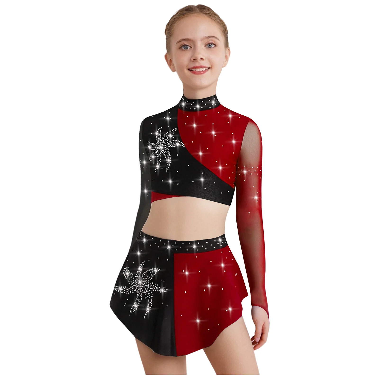 

Kids Girls Lyrical Ballet Acrobatics Dance Crop Top with Sequins Mini Skirt Sets Two Pieces Gymnastics Stage Performance Outfits