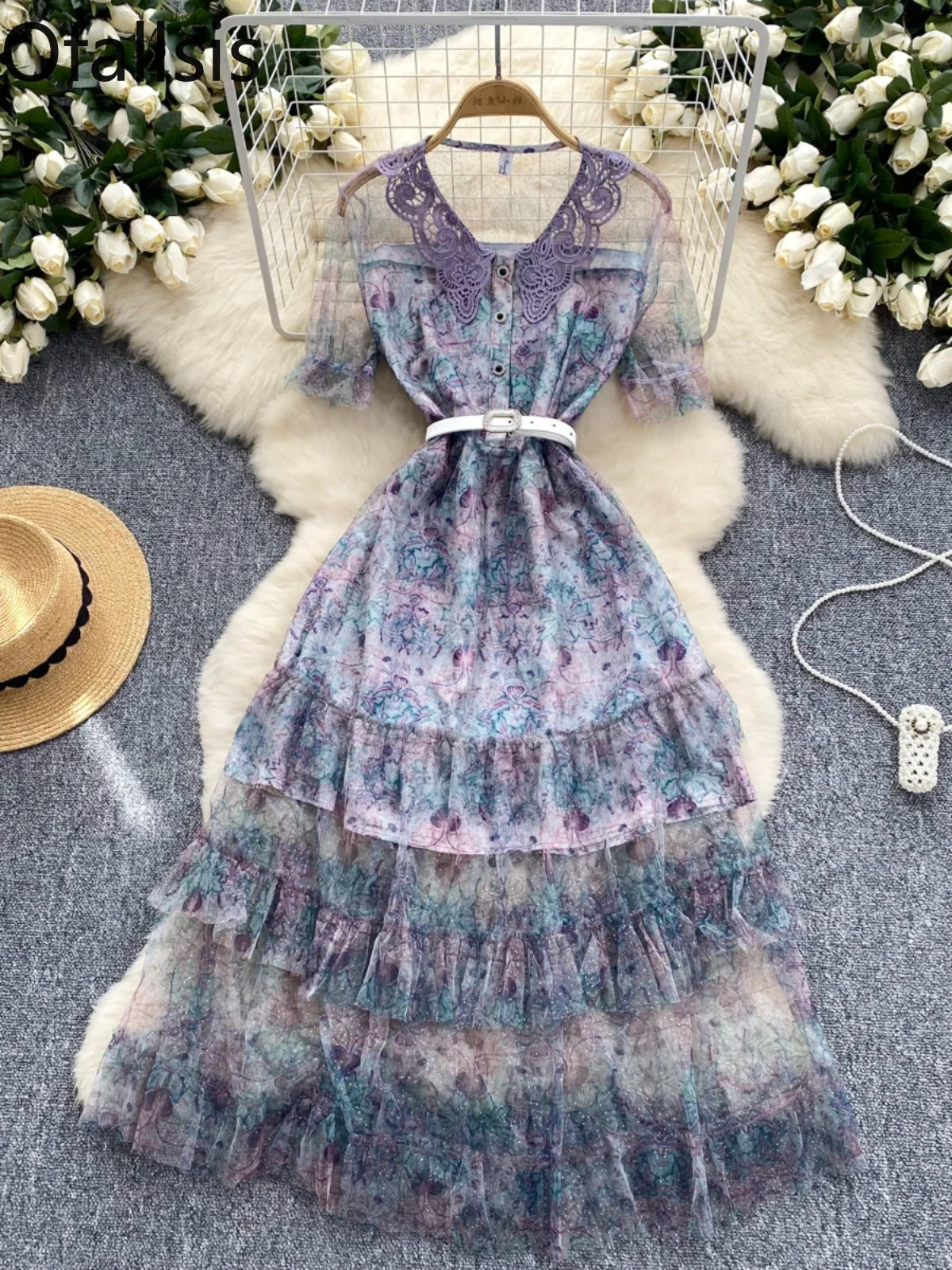 Ofallsis French Style Lace Doll Neck Short Sleeved Dress 2024 Summer New Women's Sequin Printed Mesh Puffy Formal Long Dresses