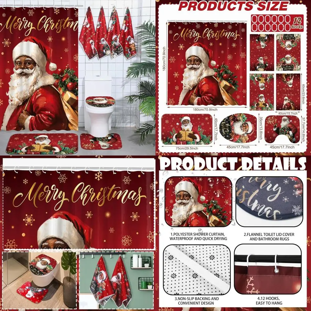 

African American Christmas Shower Curtain Set with Rugs and Towels - Festive Black Santa Bathroom Decor