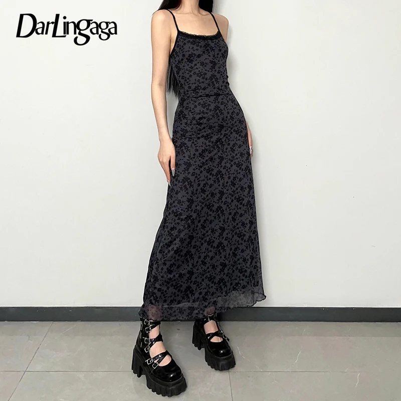 ダークリンガガ-女性のためのビンテージスタイルのゴシックドレス,花柄のメッシュドレス,グランジ,夏,シック,90