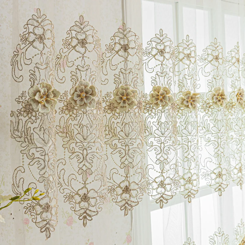 Luxury  Atmospheric Nail Bead Relief Embroidered Window Screen  European Style Villa Living Room Bedroom White Screen Curtains